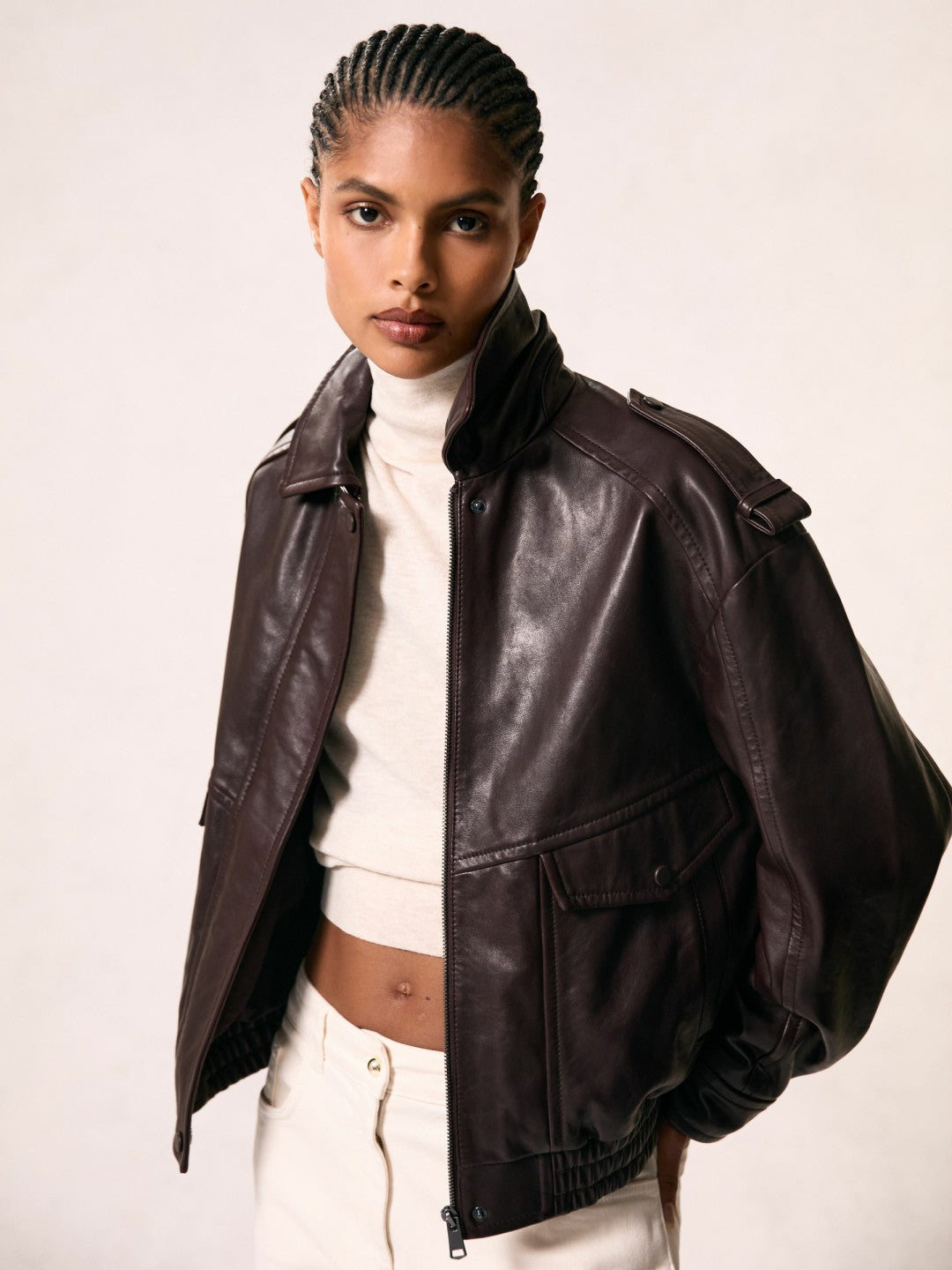 Oversized Leather Jacket Aubergine | Women