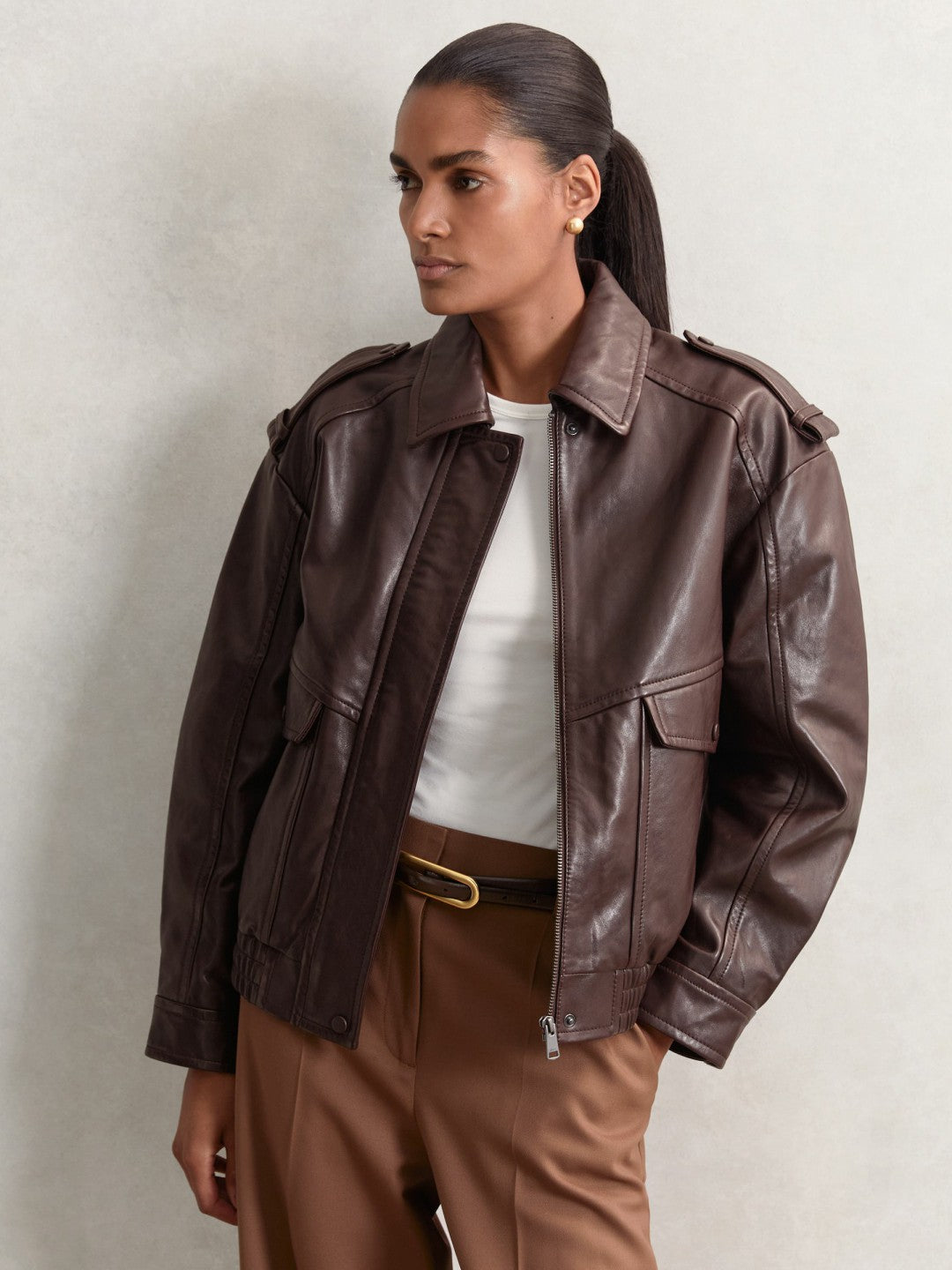 Oversized Leather Jacket Aubergine | Women