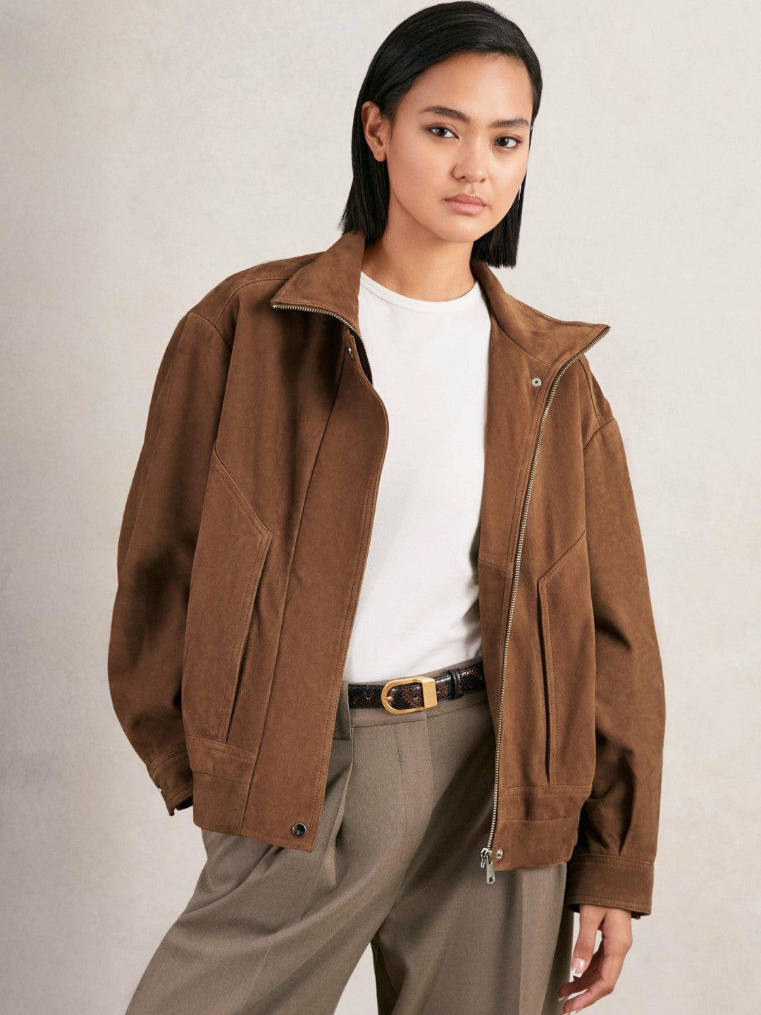 Suede Funnel-Neck Bomber Jacket Tan | Women
