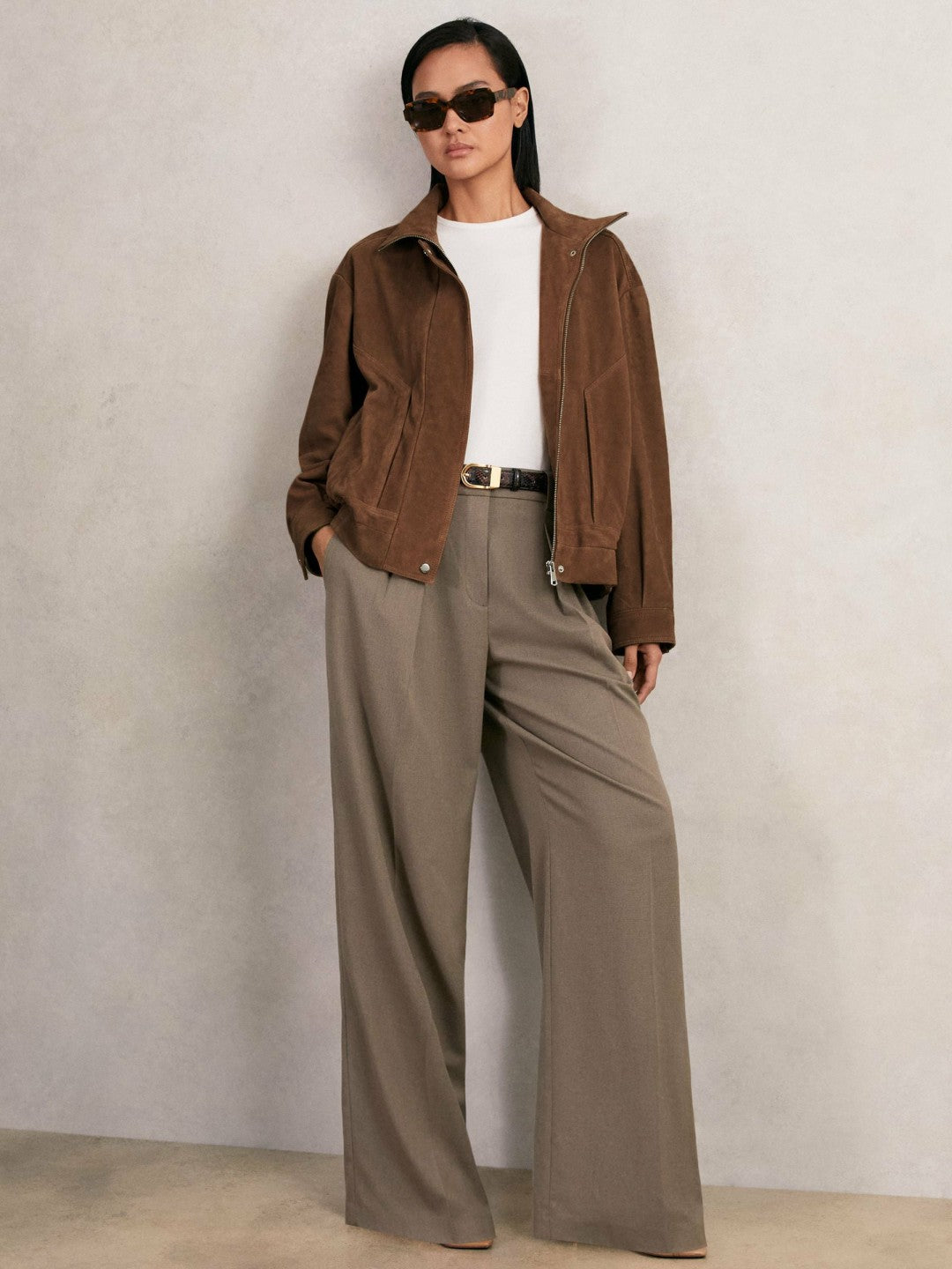 Suede Funnel-Neck Bomber Jacket Tan | Women