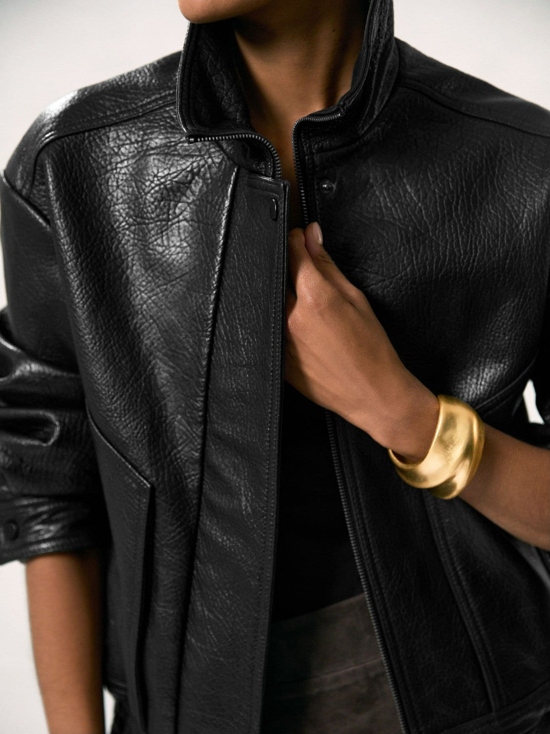 Oversize Grained-Leather Bomber Jacket Black | Women