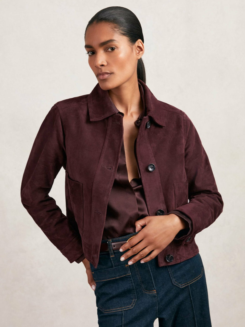 Suede Button Through Jacket Burgundy | Women