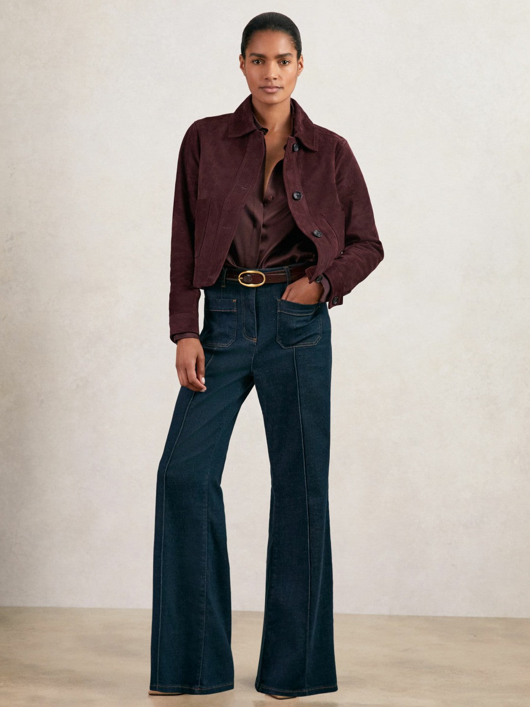 Suede Button Through Jacket Burgundy | Women