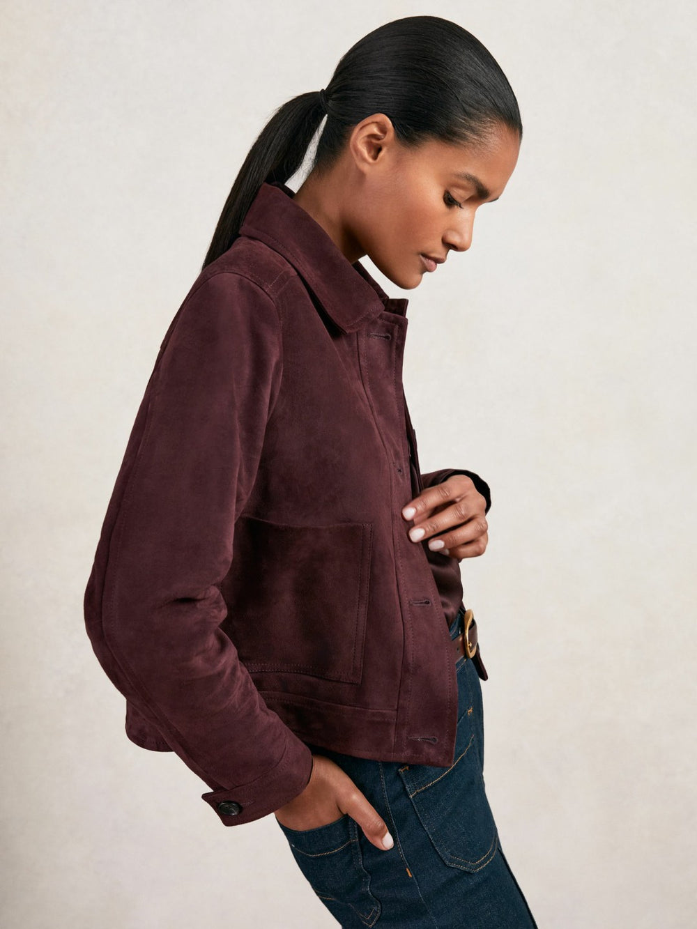 Suede Button Through Jacket Burgundy | Women