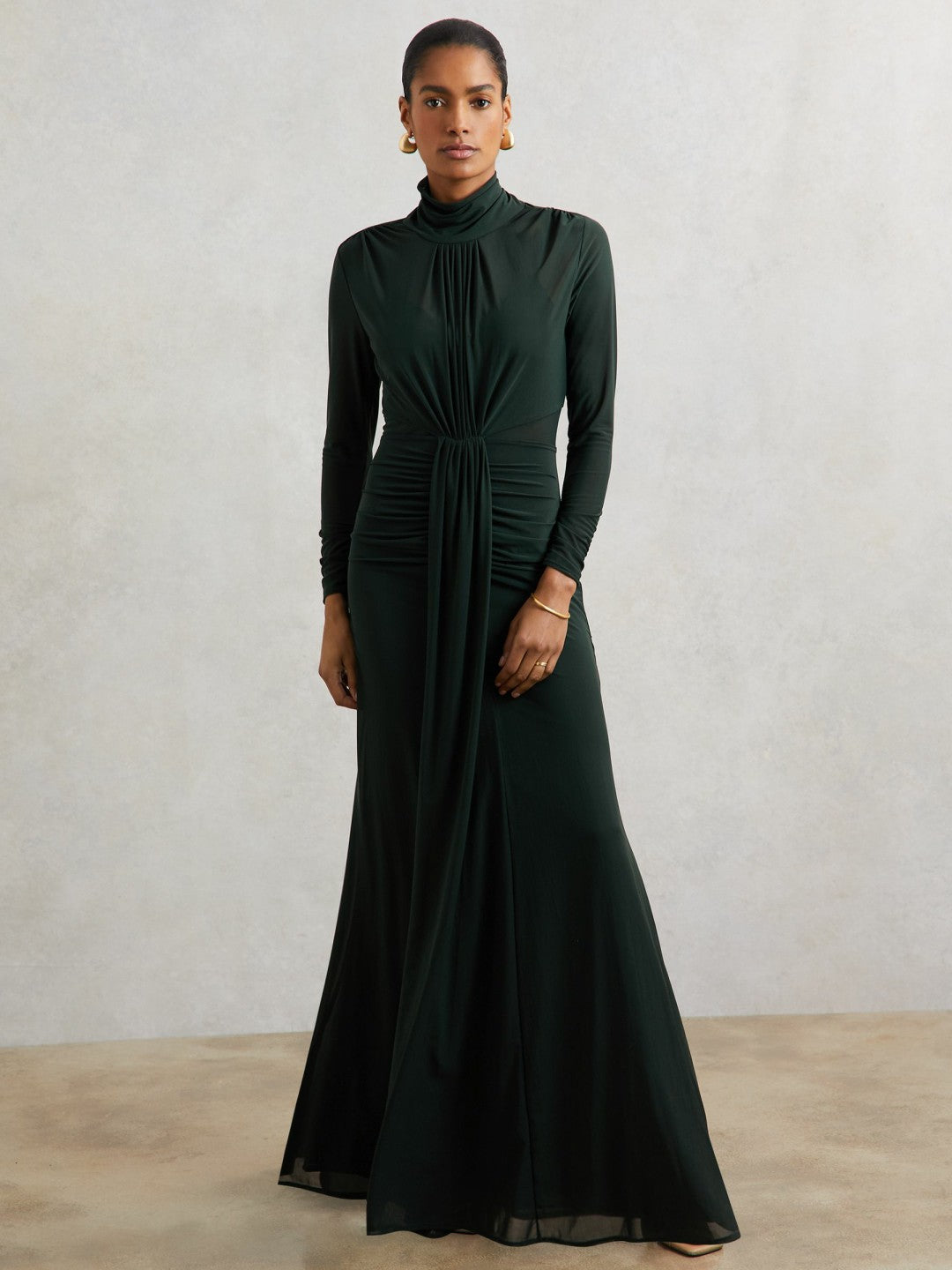 Petite Ruched Long-Sleeve Maxi Dress Dark Green | Women