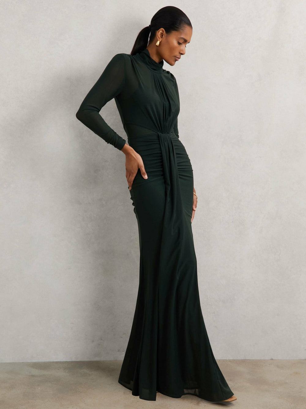 Petite Ruched Long-Sleeve Maxi Dress Dark Green | Women