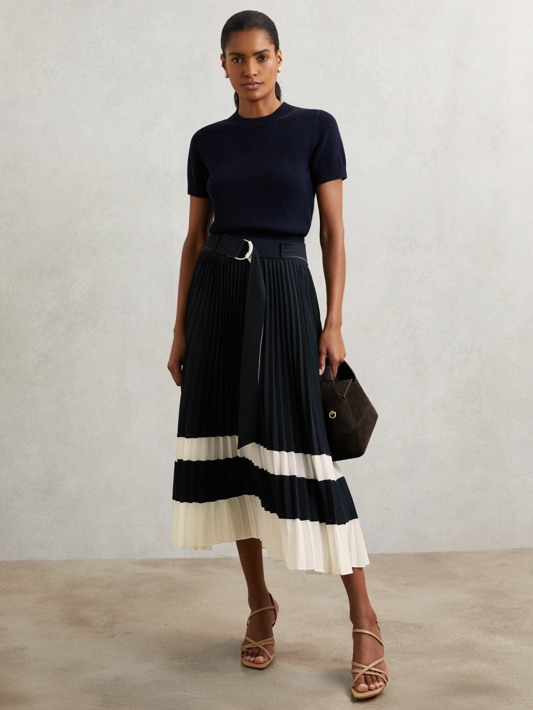 Belted Pleated Midi Skirt Navy/Ivory | Women