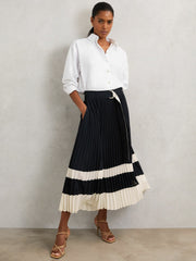Belted Pleated Midi Skirt Navy/Ivory | Women