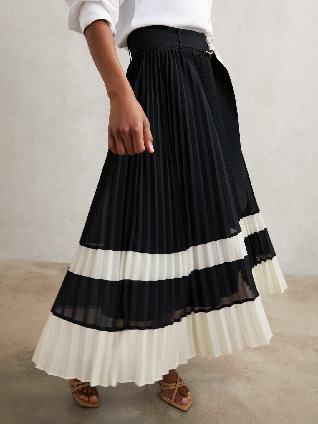 Belted Pleated Midi Skirt Navy/Ivory | Women