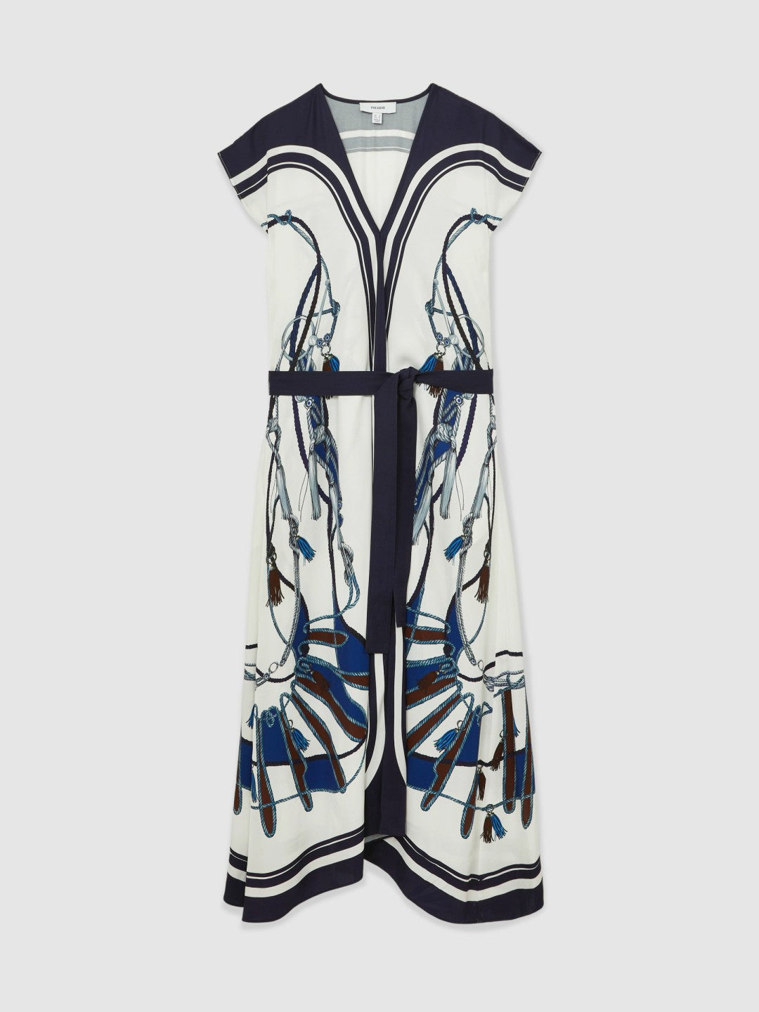 Scarf-Print V-Neck Belted Midi Dress Blue/Brown | Women