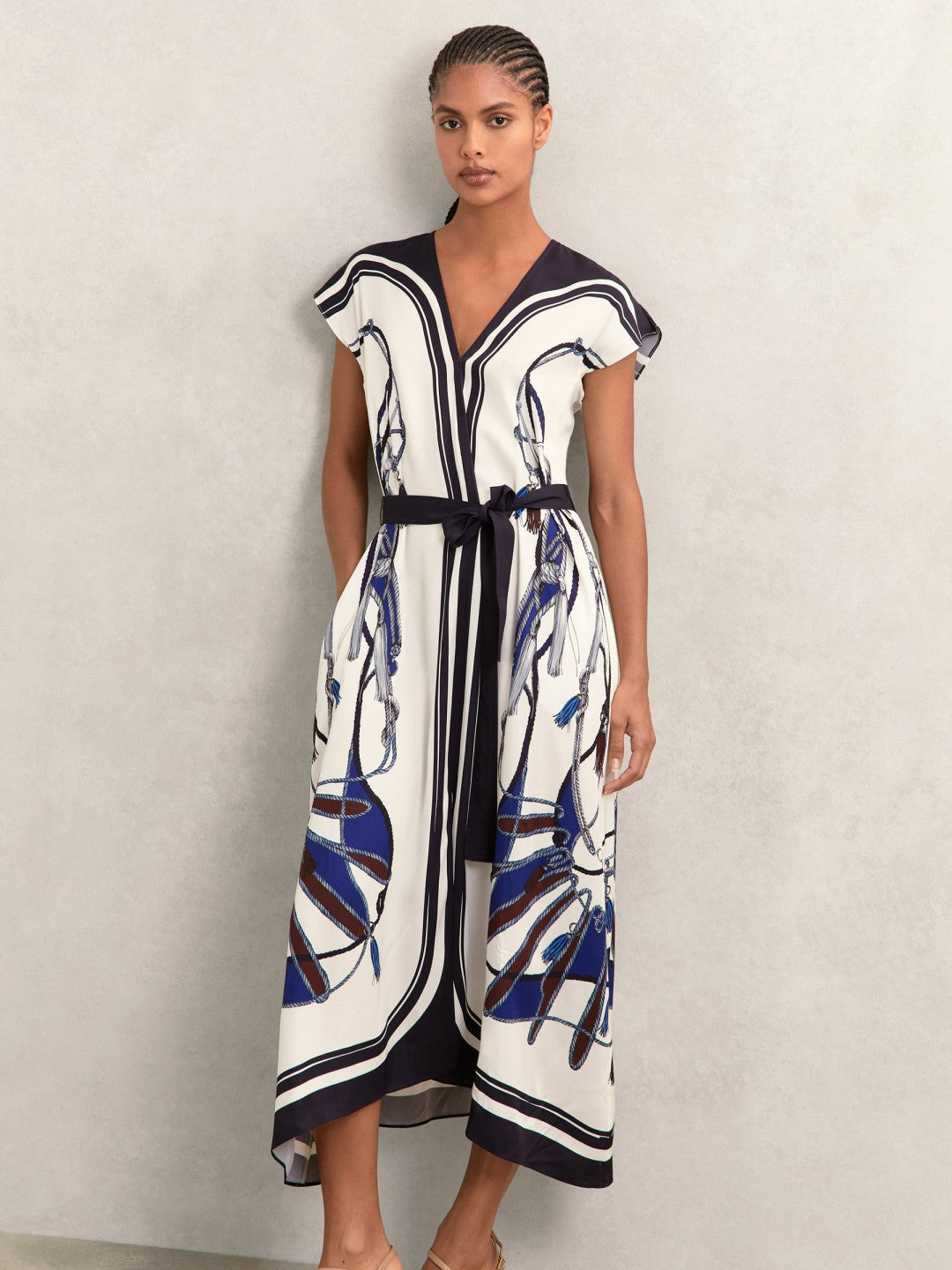 Scarf-Print V-Neck Belted Midi Dress Blue/Brown | Women
