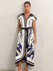 Scarf-Print V-Neck Belted Midi Dress Blue/Brown | Women