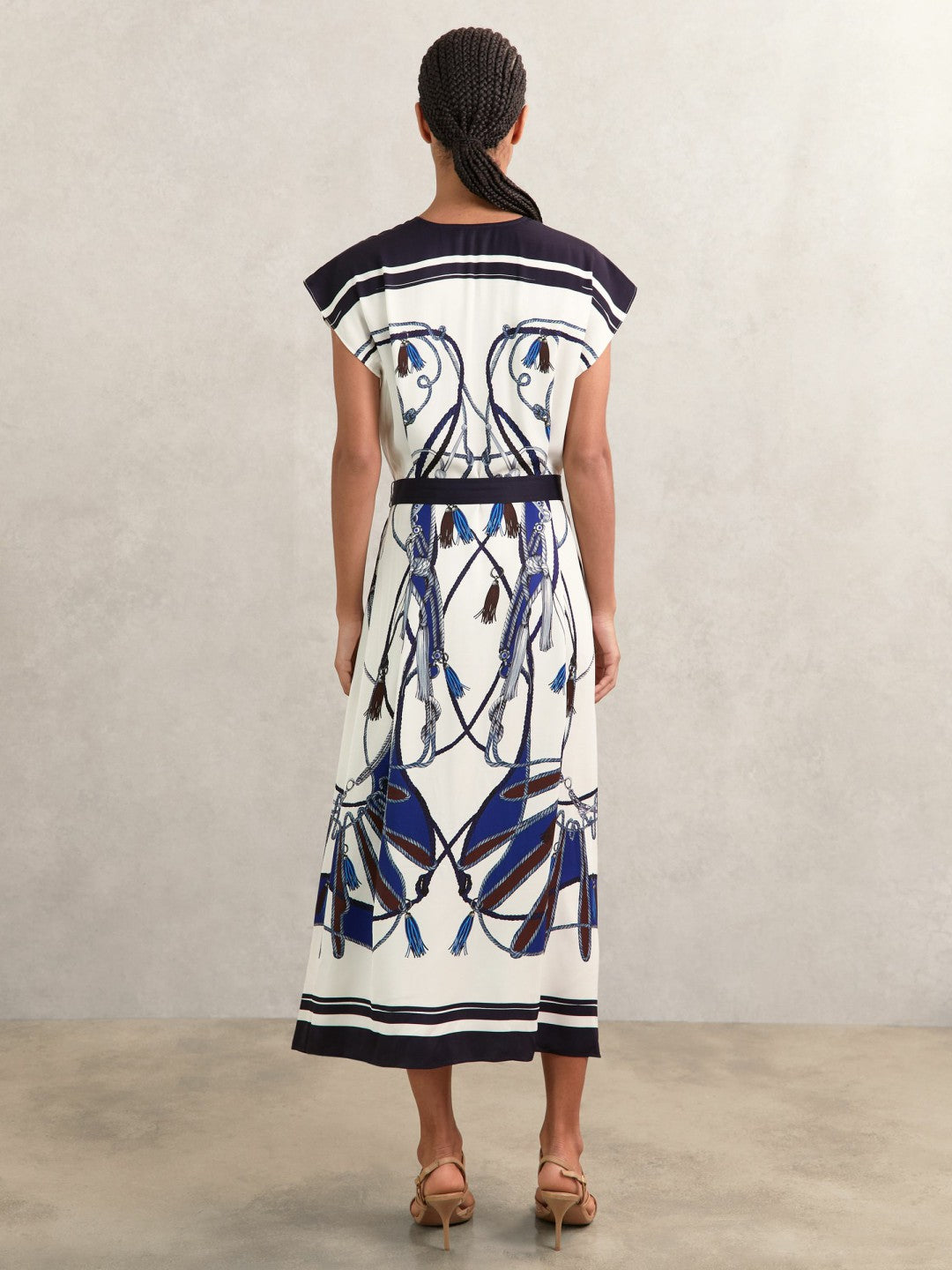 Scarf-Print V-Neck Belted Midi Dress Blue/Brown | Women