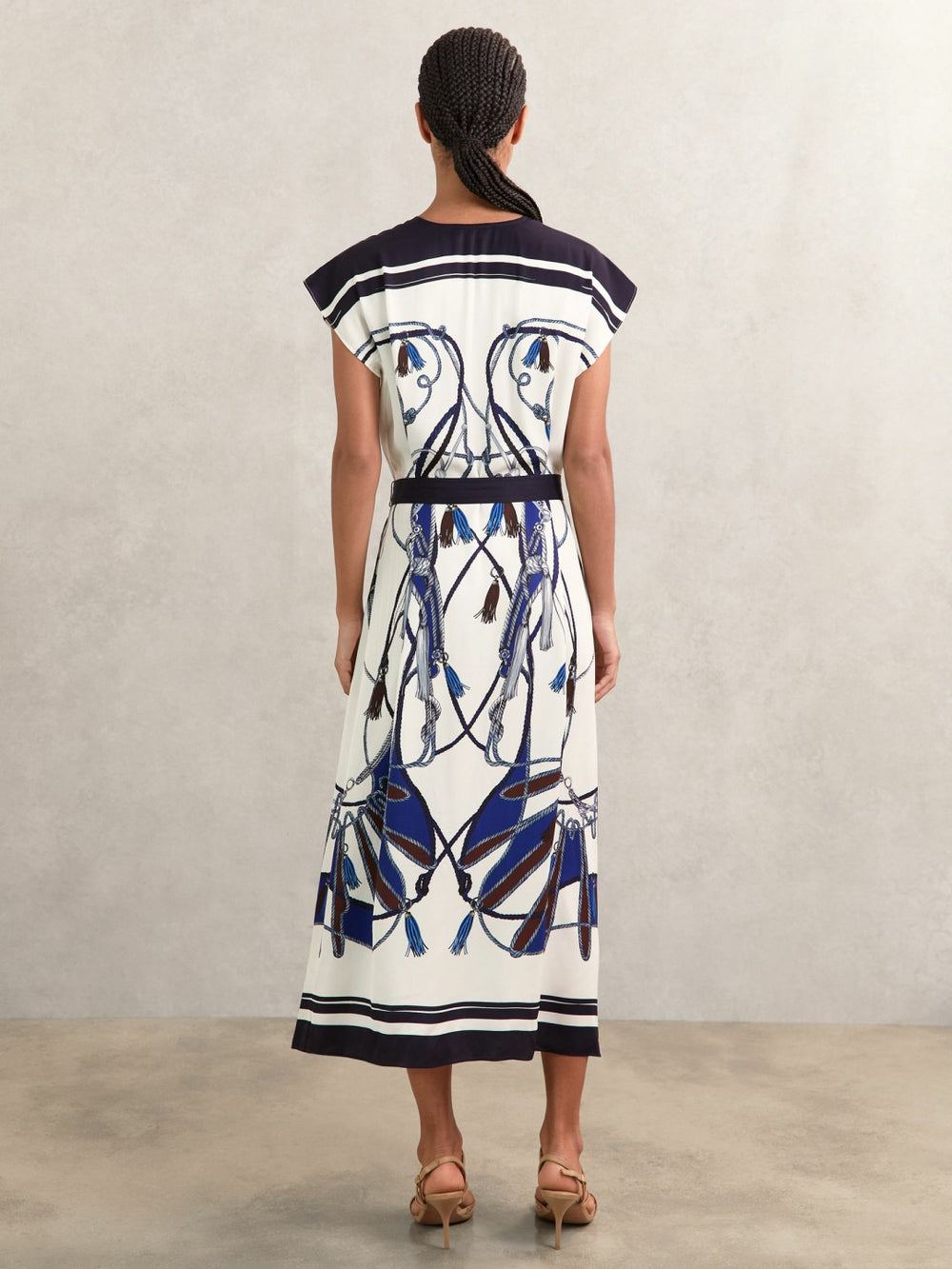 Scarf-Print V-Neck Belted Midi Dress Blue/Brown | Women