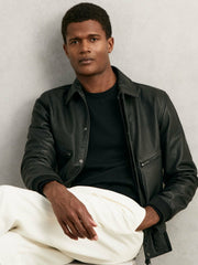 Grained Leather Zip Through Jacket Black | Men