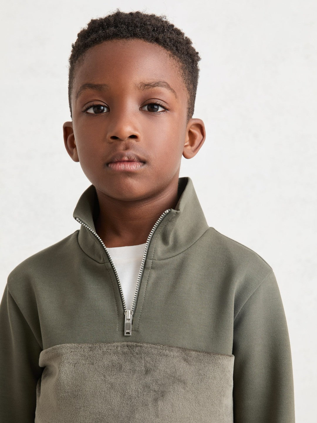 3-9 yrs Slim Fit Half-Zip Funnel Neck Velour Sweatshirt Dark Sage Green | Children & Baby