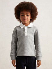 Cotton Half Button Rugby Polo Shirt Grey Marl/White | Children & Baby