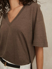 Linen V-Neck T-Shirt Brown | Women