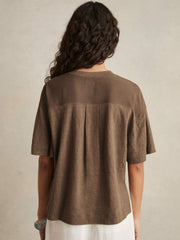 Linen V-Neck T-Shirt Brown | Women