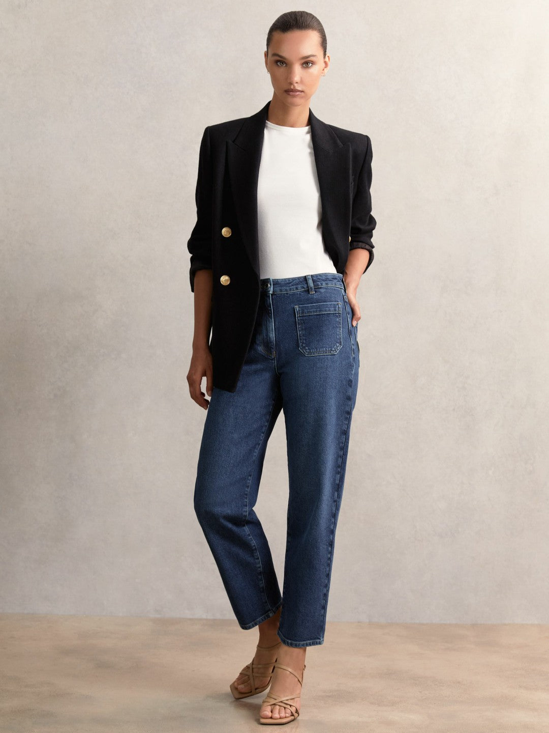 Petite Straight Leg Patch Pocket Jeans Mid Blue | Women