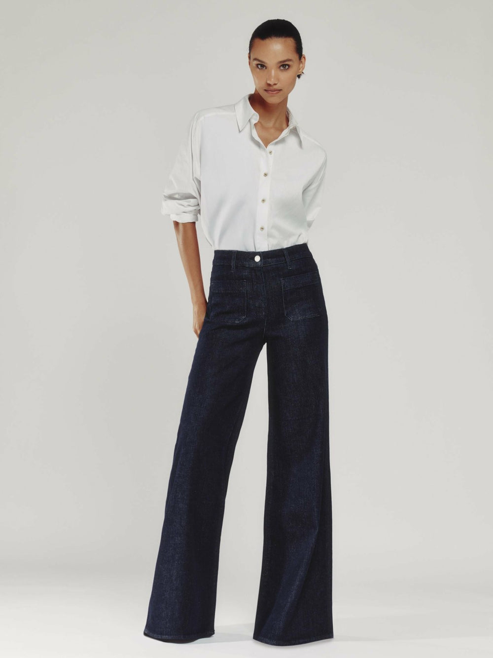Petite Patch Pocket Wide Leg Jeans Dark Blue | Women