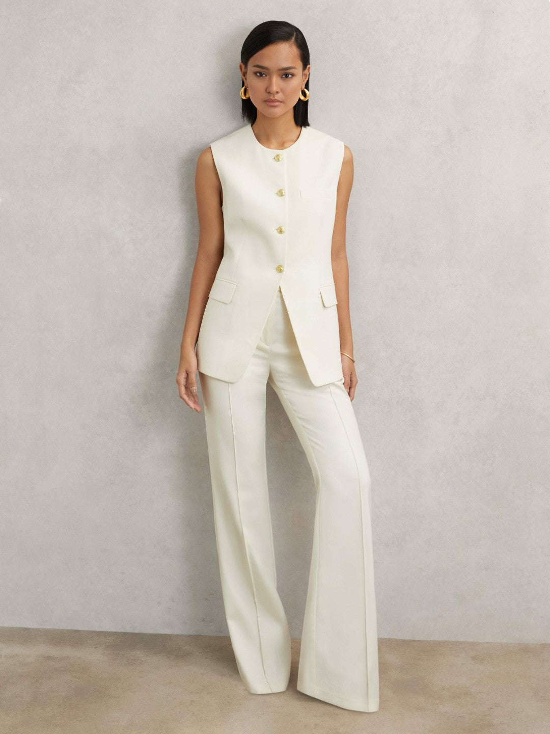 High-Neck Longline Waistcoat Cream | Women