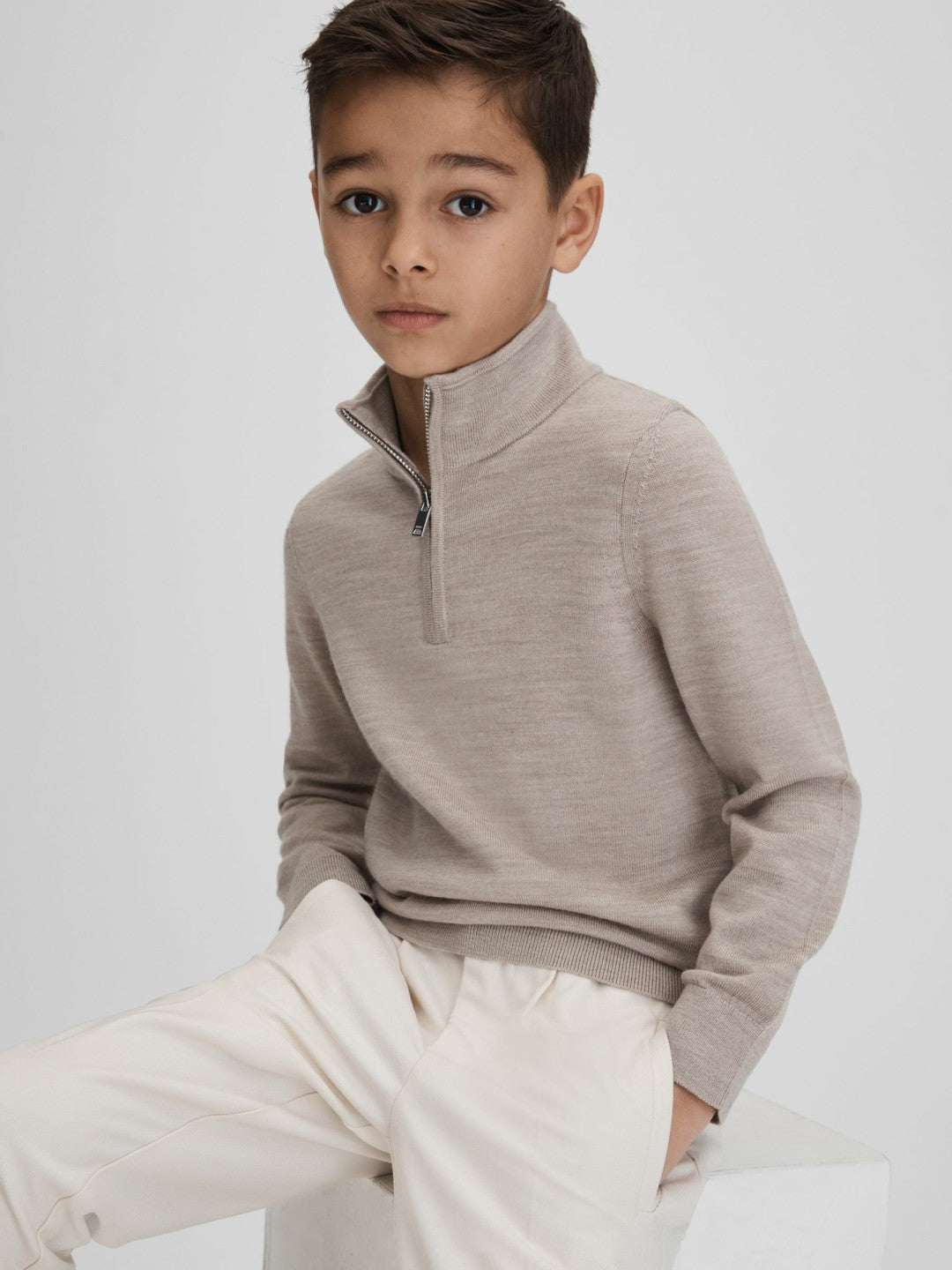 9-13 yrs Wool Half-Zip Funnel Neck Jumper Wheat Melange | Children & Baby