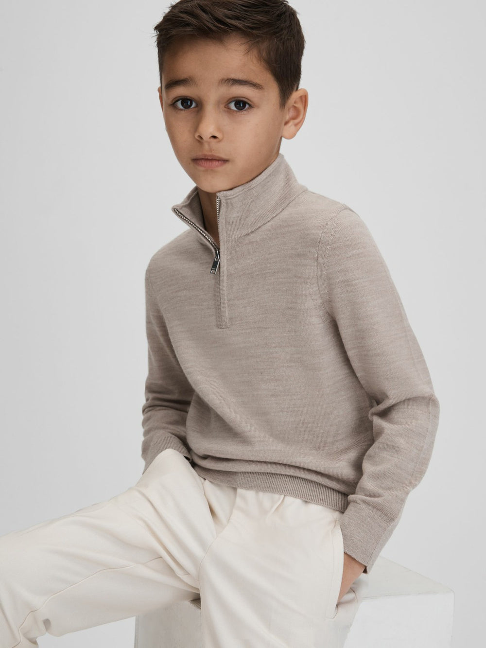 9-13 yrs Wool Half-Zip Funnel Neck Jumper Wheat Melange | Children & Baby