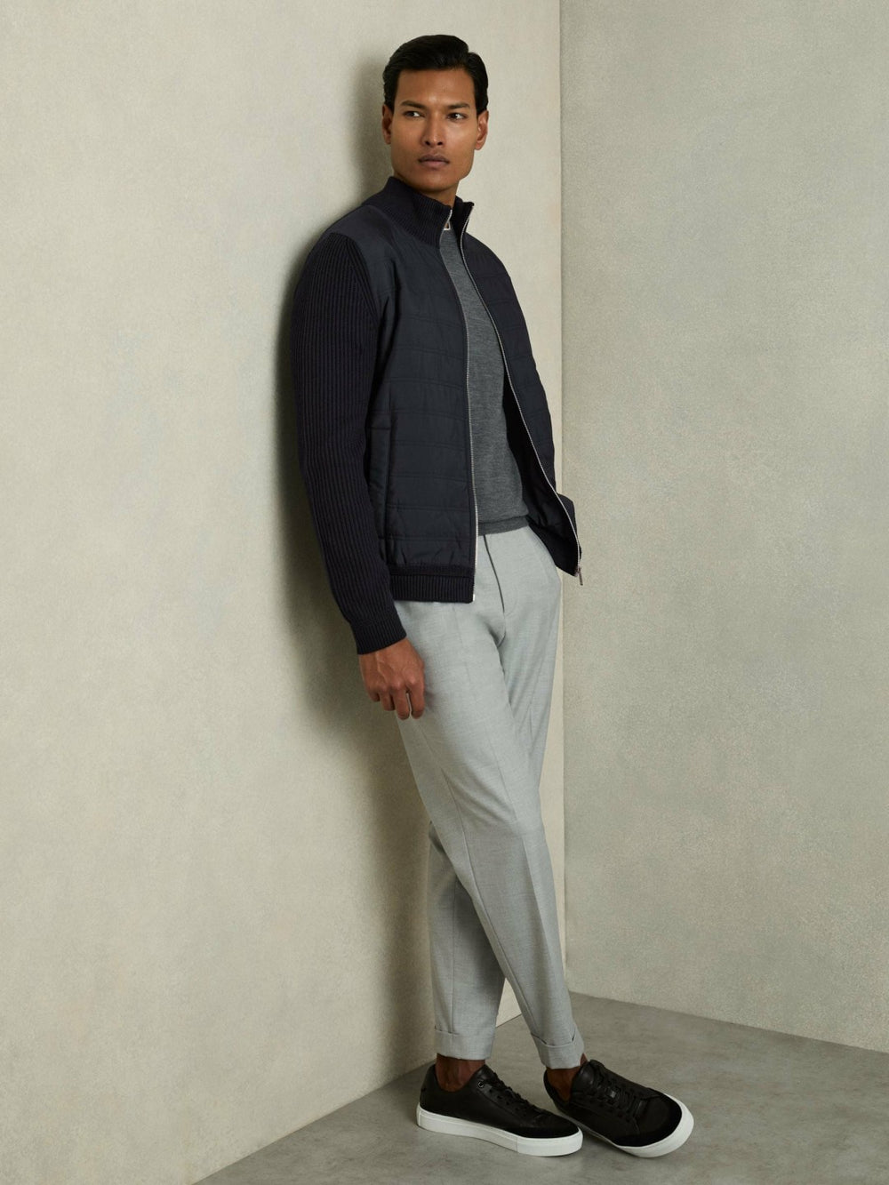 Hybrid Quilt and Knit Zip-Through Jacket Navy | Men