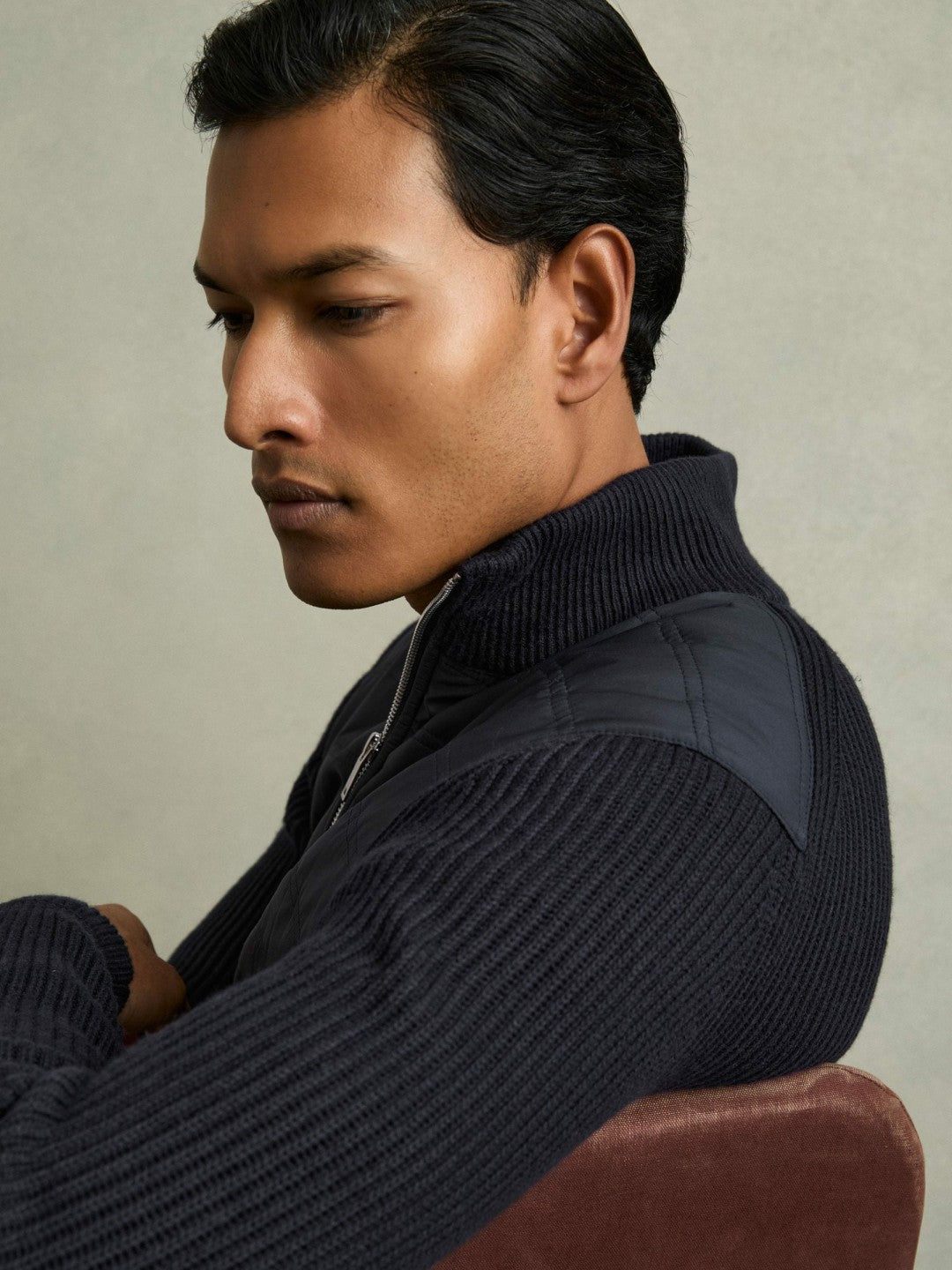 Hybrid Quilt and Knit Zip-Through Jacket Navy | Men