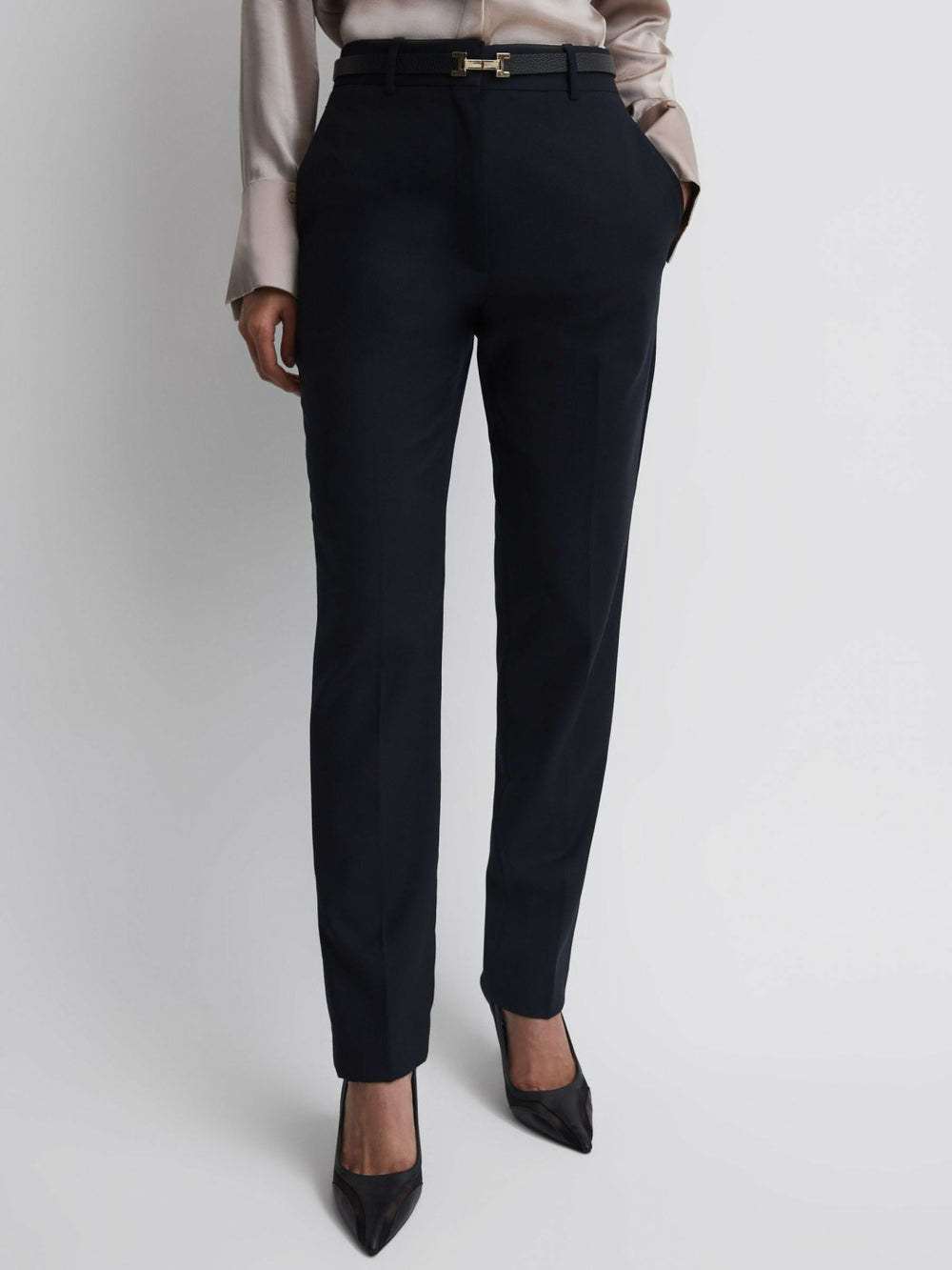 Wool Blend Tapered Suit Trousers Navy | Women