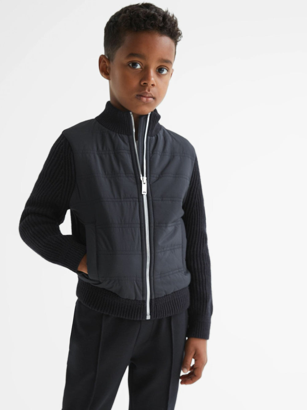 Junior Hybrid Zip Through Quilted Jacket Navy | Children & Baby