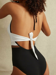 Colourblock Halter Swimsuit White/Tan | Women