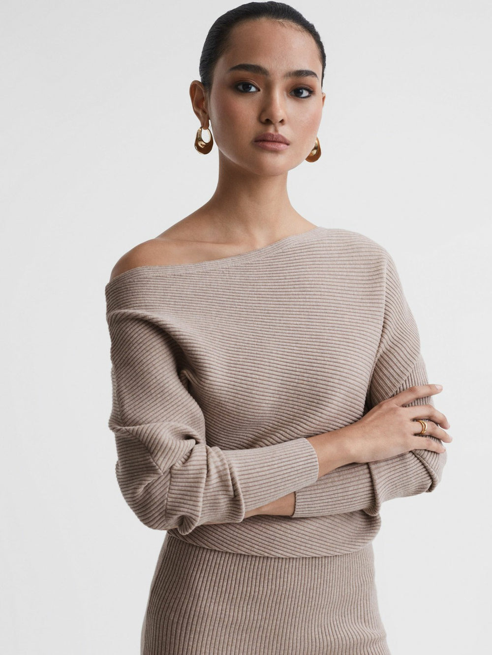 Off-The-Shoulder Ribbed Midi Dress Neutral | Women