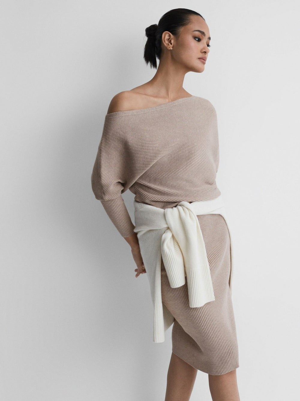 Off-The-Shoulder Ribbed Midi Dress Neutral | Women