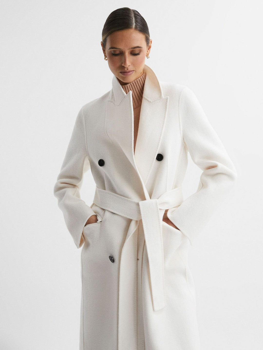 Petite Relaxed Wool Blend Blindseam Belted Coat Cream | Women