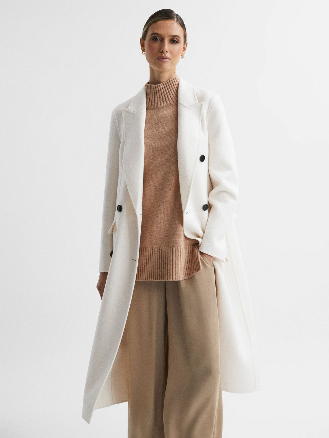 Petite Relaxed Wool Blend Blindseam Belted Coat Cream | Women