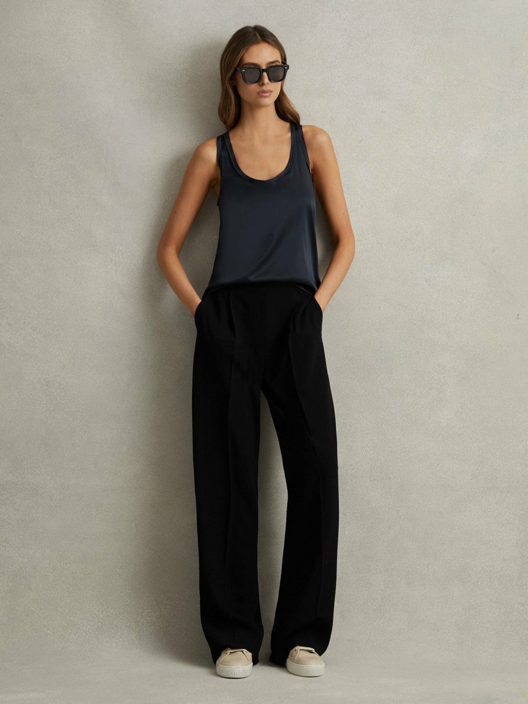Petite Half-Elasticated Wide Leg Trousers Black | Women