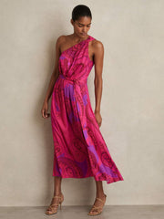 Paisley-Print One-Shoulder Midi Dress Pink | Women