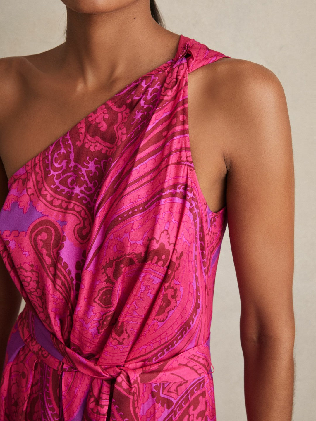 Paisley-Print One-Shoulder Midi Dress Pink | Women