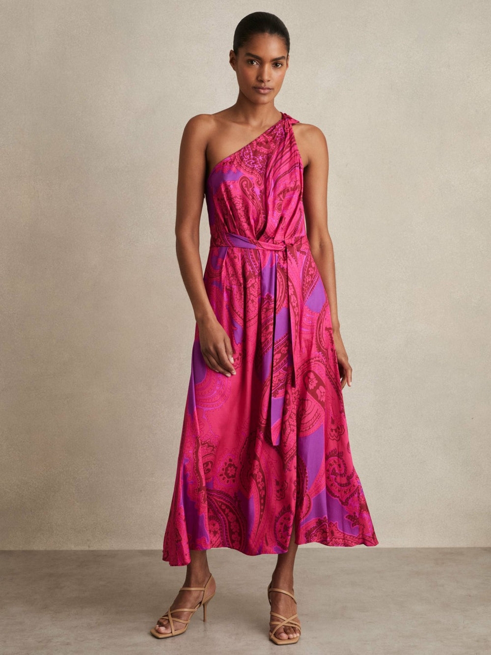 Paisley-Print One-Shoulder Midi Dress Pink | Women