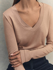 Jersey V-Neck Top Camel | Women