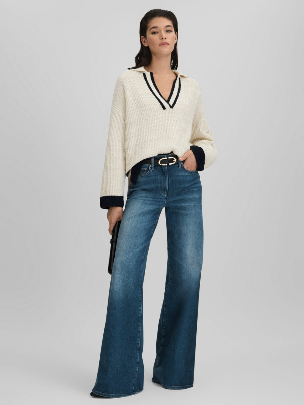 Wool Blend Open Collar Jumper Cream/Navy | Women