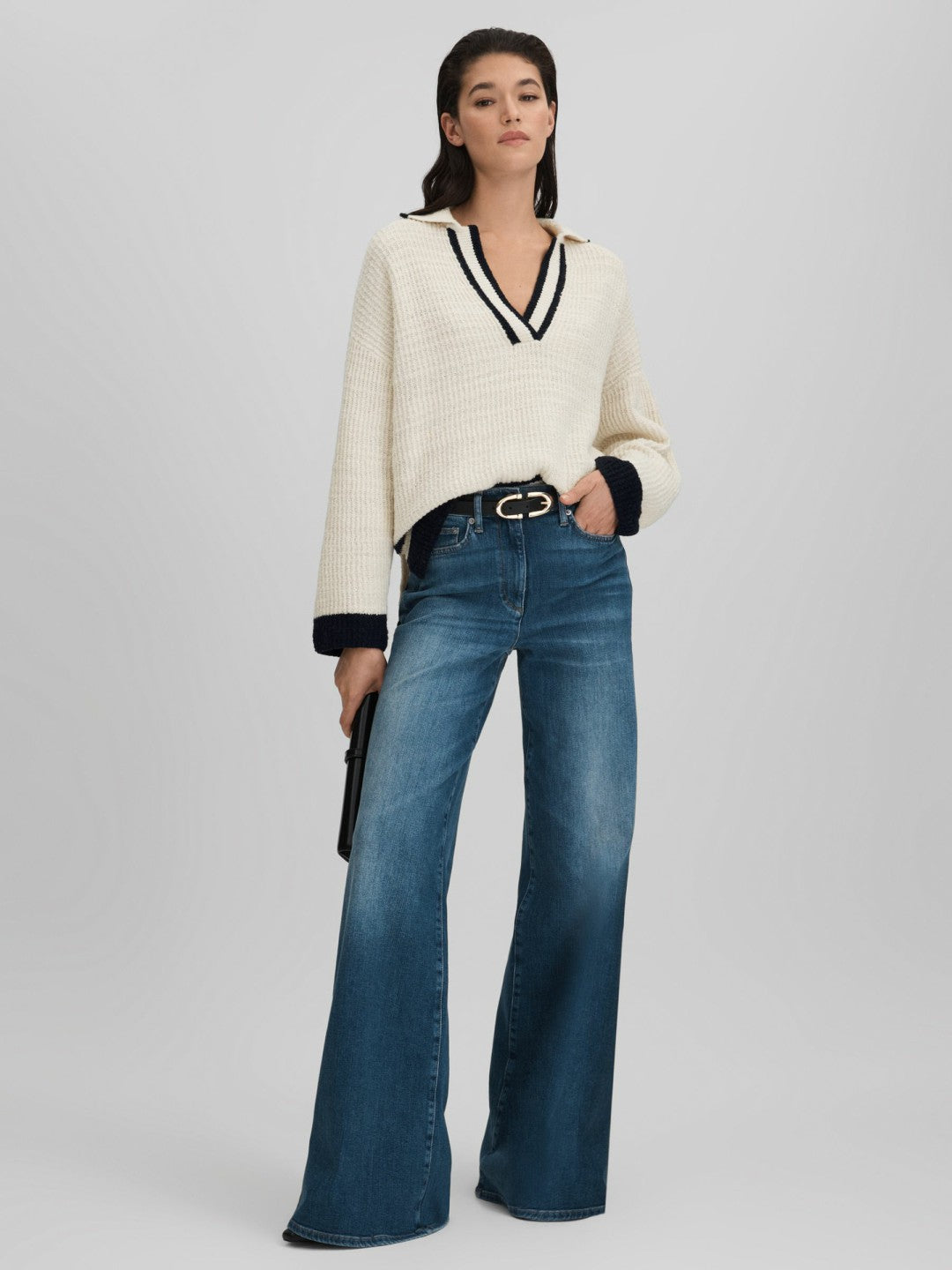 Wool Blend Open Collar Jumper Cream/Navy | Women