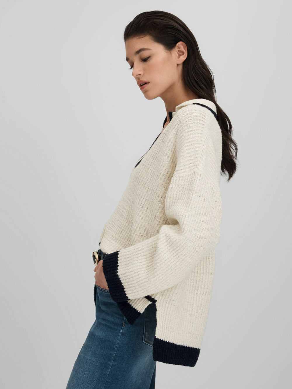 Wool Blend Open Collar Jumper Cream/Navy | Women