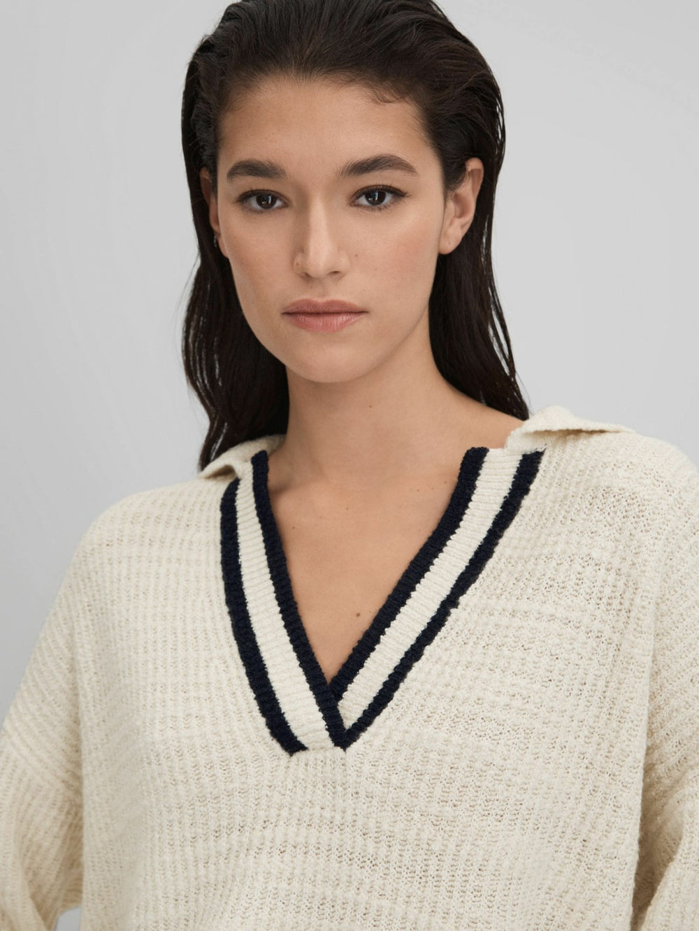 Wool Blend Open Collar Jumper Cream/Navy | Women