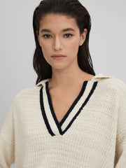 Wool Blend Open Collar Jumper Cream/Navy | Women