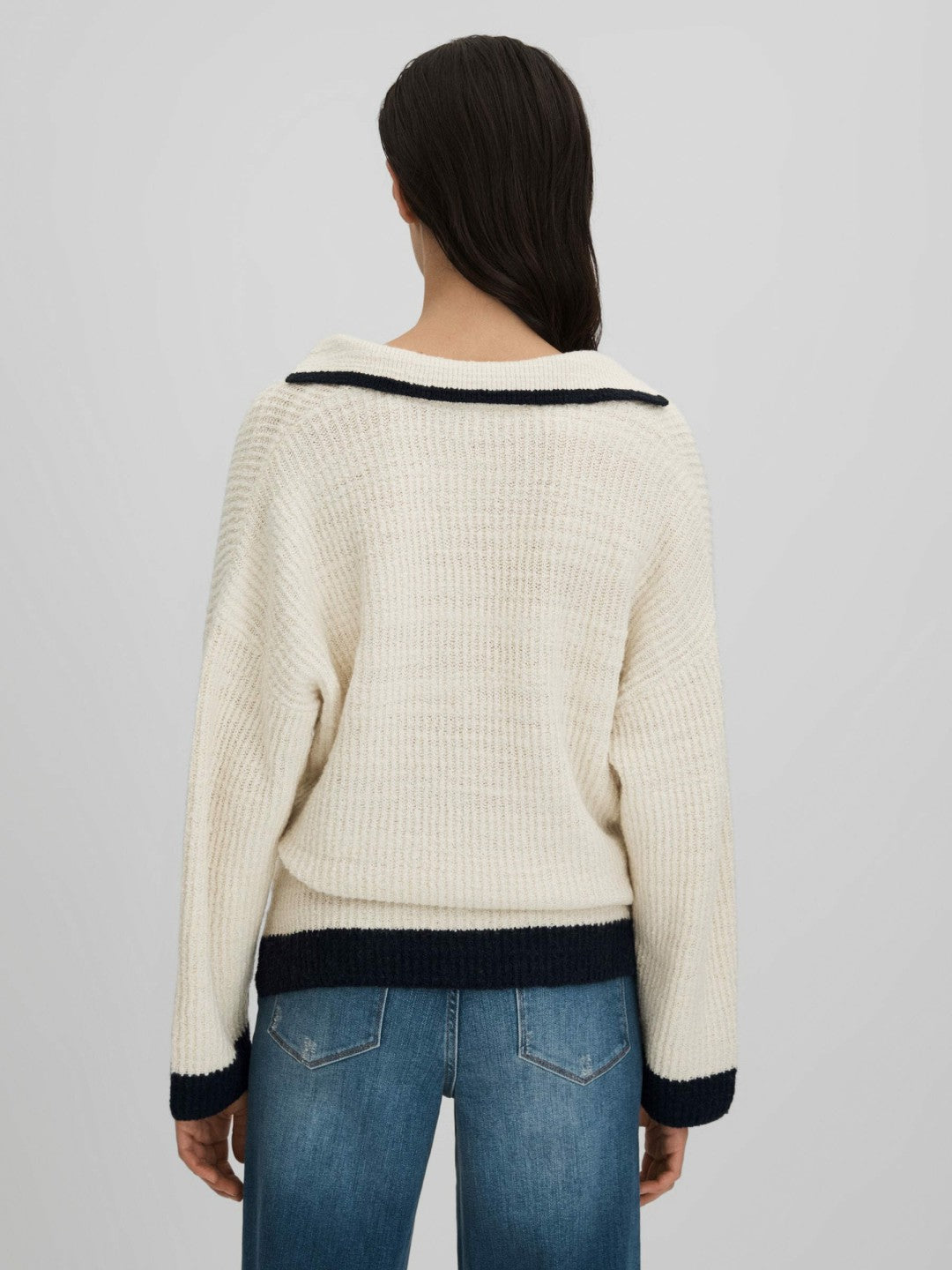 Wool Blend Open Collar Jumper Cream/Navy | Women