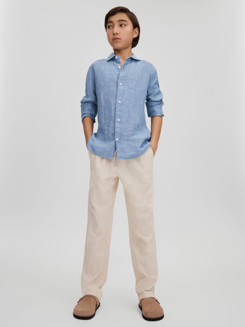 3-9 yrs Striped Linen Cutaway Collar Shirt Sky Blue | Children & Baby