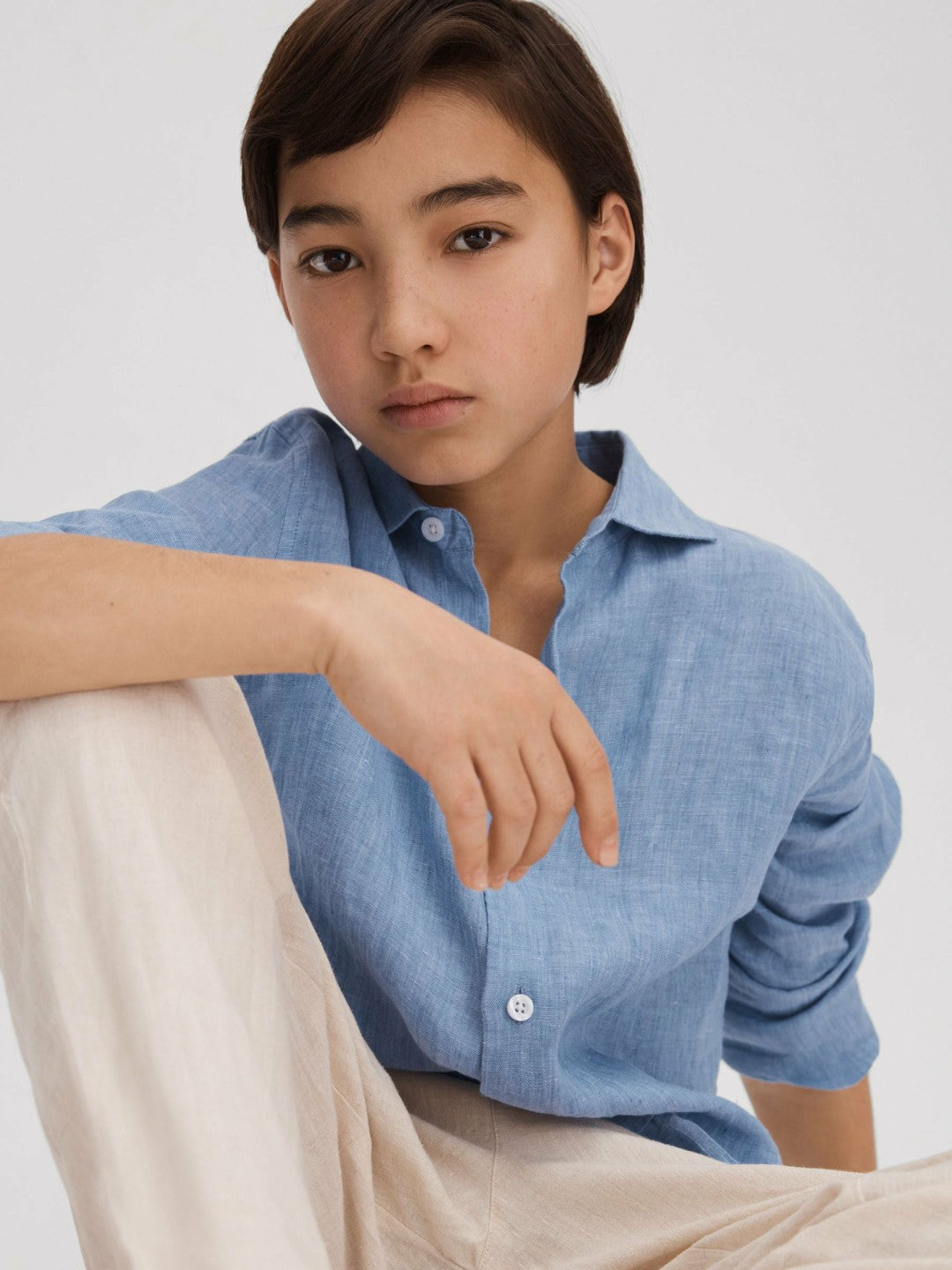 3-9 yrs Striped Linen Cutaway Collar Shirt Sky Blue | Children & Baby